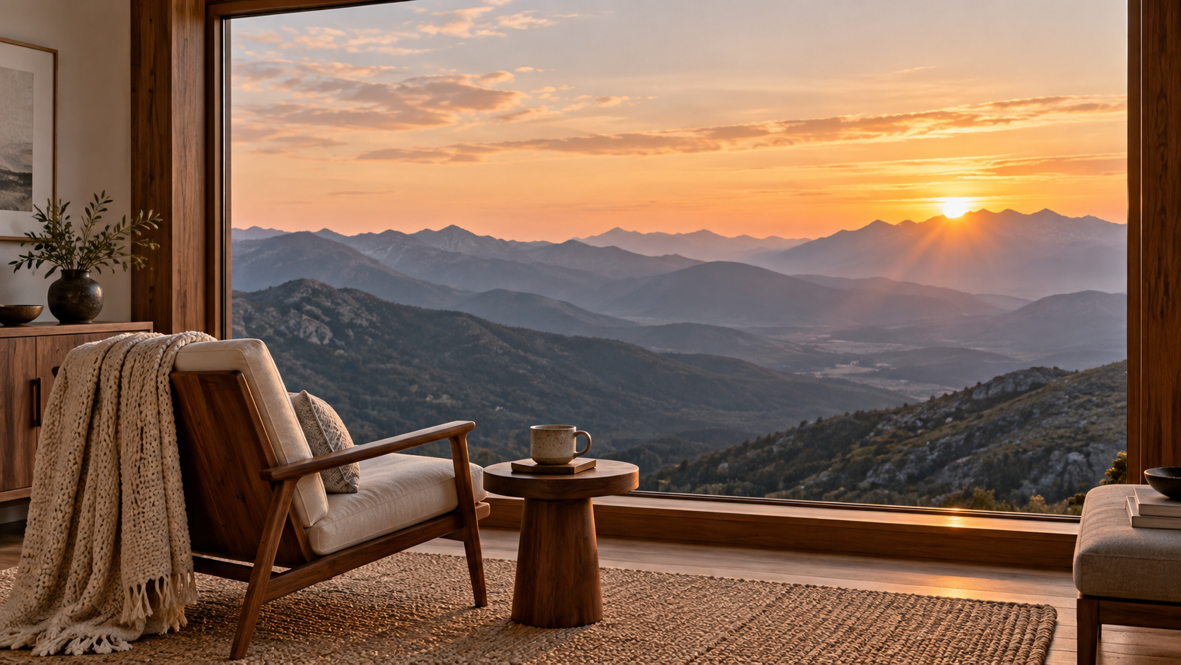 Golden sunrise over layered mountain peaks, viewed through a giant window from a cozy midcentury-modern room with a walnut lounge chair and knitted throw.